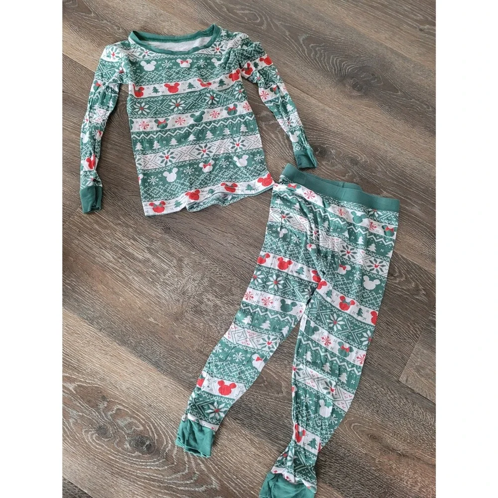 Little Sleepies Disney Mickey Mouse Fair Isle Bamboo Pajama Green 3T Holiday #2